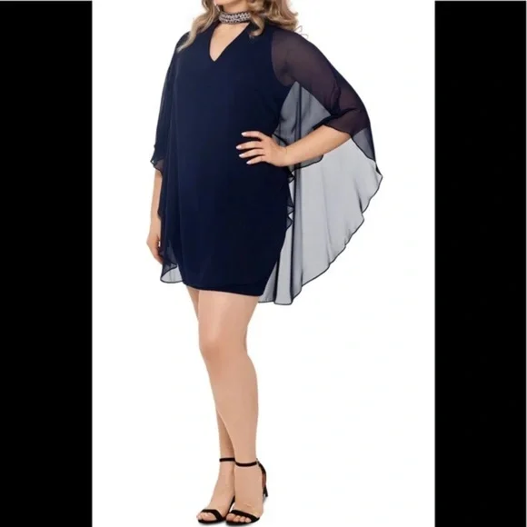 Womens Formal Dress Plus Size 18W X BY XSCAPE Navy Cape Overlay Short  Cocktail